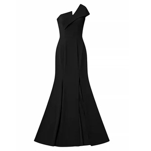 轻奢黑色单肩鱼尾晚礼服女开叉修身长裙气质高级感长款晚宴连衣裙
