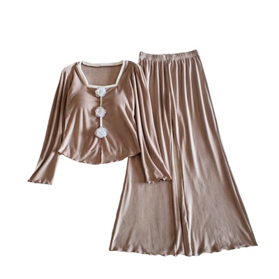 双面海岛绒睡衣女冬季长袖带胸垫立体花朵家居服套装高级感一体式