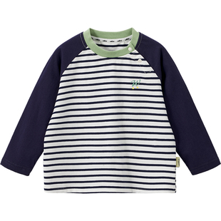 威尔贝鲁男童条纹T恤长袖宝宝上衣打底衫T恤中小童春夏装百搭透气