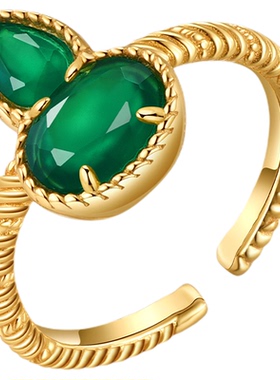 曼古银宝葫芦绿玛瑙开口戒指