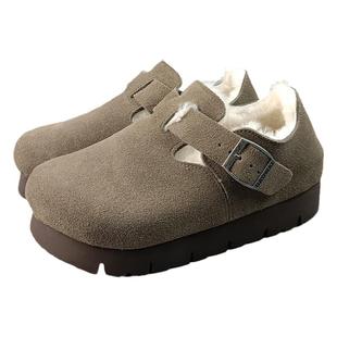 岛外DAOWAI勃肯鞋秋冬加绒羊毛厚底4cm包头软木鞋复古休闲博肯鞋