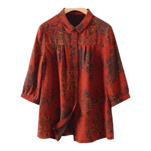 香云纱上衣高端品牌女2024新款翻领新中式红色妈妈桑蚕丝真丝衬衫