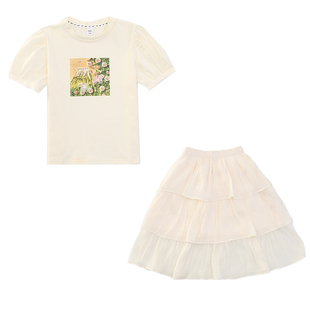 女童夏季套装2026新款儿童洋气纯棉短袖蛋糕裙大童时髦裙子两件套