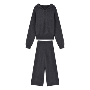 秋水伊人简约连帽拉链上衣2025年冬季新款女通勤百搭阔腿裤两件套