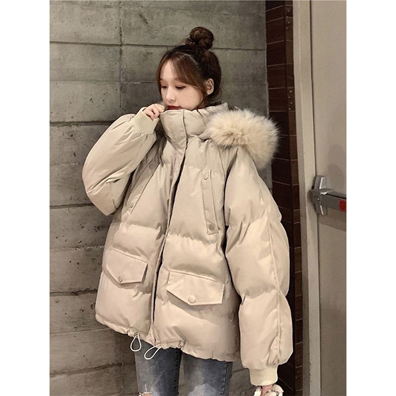 特大码女装韩系杏色羽绒棉服春秋胖mm毛领连帽棉袄加厚保暖外套女