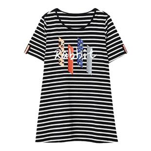 2025爆款上衣 胖mm大码女装韩版宽松中长款条纹短袖女t恤夏