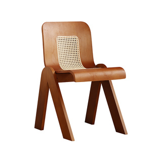 法式中古风C椅侘寂实木餐椅复古设计师椅子藤编书桌椅网红背椅