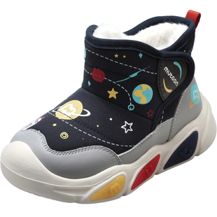 牧童儿童雪地靴2025冬季新款男童皮面宝宝闪灯鞋加绒加厚女童棉鞋