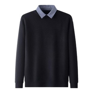 利郎男装秋冬季假两件毛衣男士加绒加厚长袖衬衫领针织衫打底衫潮