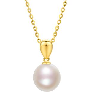 周六福黄18K淡水珍珠吊坠女优雅白色近圆珠颈链法式新年礼物
