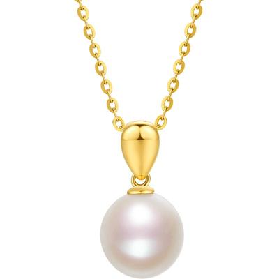 周六福黄18K淡水珍珠吊坠女优雅白色近圆珠颈链法式圣诞礼物