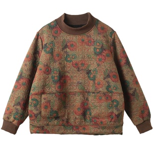 孔雀飞飞冬装韩版大码遮肉印花套头复古女士卫衣女款2025新款加绒