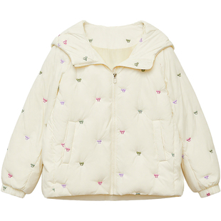 DM100大码百分百女装微胖mm冬季刺绣宽松A版连帽短款羽绒服外套