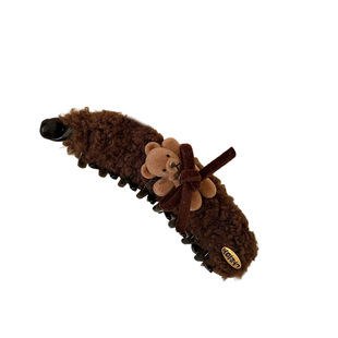 韩系小熊香蕉夹竖夹大号毛绒发夹女后脑勺高马尾抓夹秋冬头饰发卡