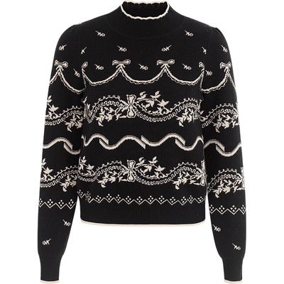 法式黑底杏花枝攀纹针织套头衫