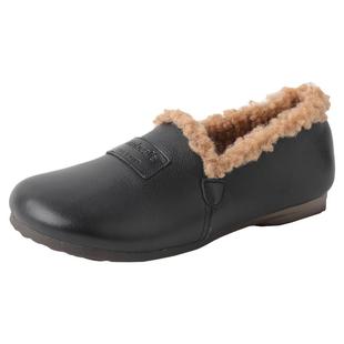 真皮豆豆鞋女冬加绒皮鞋一脚蹬毛毛鞋软底羊羔绒妈妈鞋秋冬女鞋