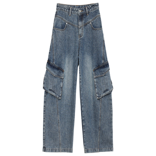 Carolingian松弛B入!重工立体斜线分割长绒棉做旧磨白牛仔工装裤