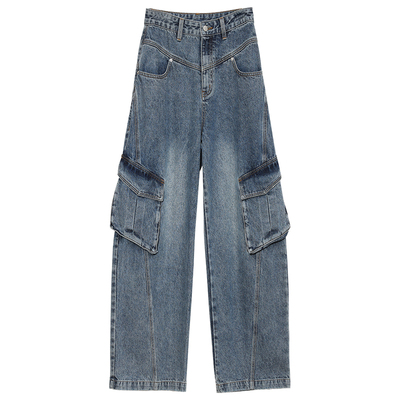 Carolingian松弛B入！重工立体斜线分割长绒棉做旧磨白牛仔工装裤