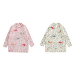 幼悠女童立体彩虹毛线糖果毛衣中长款冬季蓬松绵软保暖抗寒上衣潮