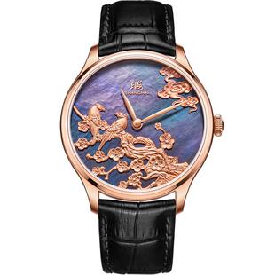 上海手表复兴系列女款九曲映月18K铂金贝母盘浮雕皮带机械表