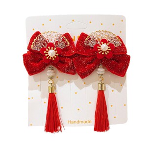 新年红色儿童发夹头饰蝴蝶结抓夹过年发饰女童中国风汉服发卡夹子