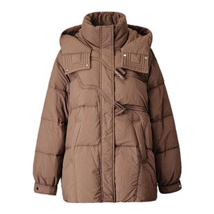 颜域咖色立领连帽羽绒服女2024新款冬季百搭通勤中长款牛角扣外套