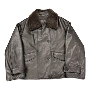 复古机车风毛领皮衣女短款真皮夹克外套咖啡色翻领