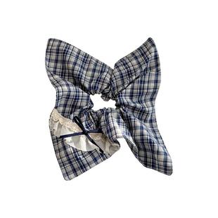 韩系蓝色格纹蝴蝶结方巾大肠发圈女高级感头圈发绳时尚头绳发饰品