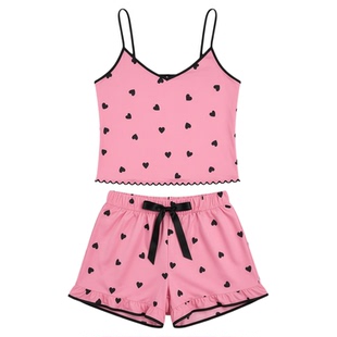 printed pajama black pijama set 吊带背心短裤家居服睡衣套装女