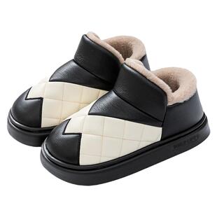 新中老年棉拖鞋保暖PU菱格显年轻室内居家加绒毛毛厚底拖鞋男女款