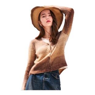 betu百图渐变假两件针织开衫女2026年春季新款薄款V领毛衣外套