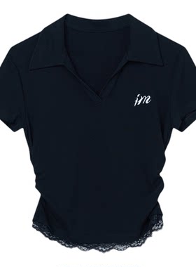 Jamor加墨polo衫女短款小衫黑色短袖T恤上衣蕾丝设计感2026秋夏新
