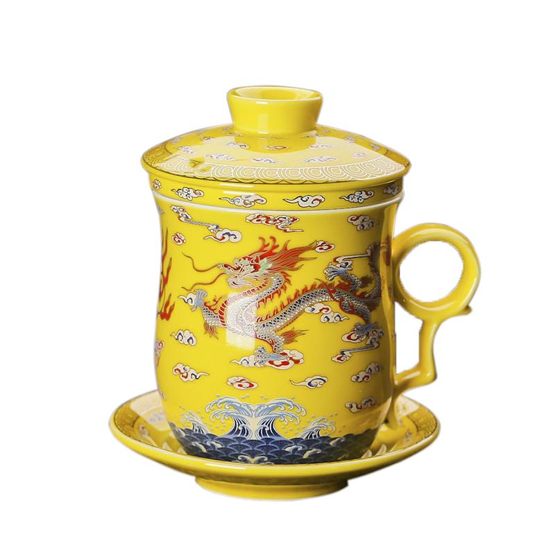 景德鎮(zhèn)陶瓷四件杯帶蓋過濾泡茶杯 子茶具套裝辦公室個(gè)人會(huì)議水杯