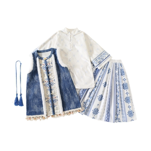 明制汉服女童拜年服冬款中国风加绒裙子套装藏族风少数民族风服饰