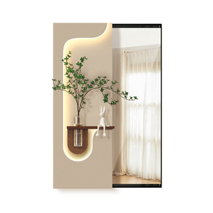 奶油风玄关推拉镜装饰画立体水培绿植led壁灯画隐藏式全身镜挂画