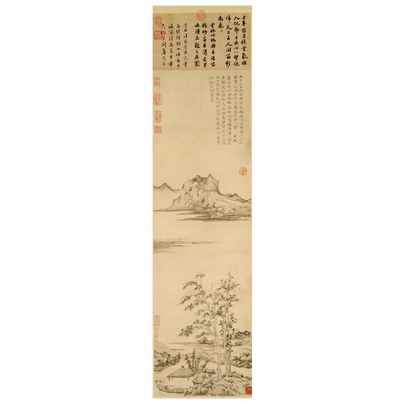 元 倪瓒 秋亭嘉树图纸本真迹复制条幅竖轴客厅玄关卧室挂画装饰画