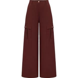 EP雅莹2025春季新款女装 休闲高腰工装直筒裤窄版酒红色裤子6463B