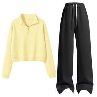 名创优品运动套装女2026新款小个子春季半拉链卫衣阔腿裤两件套D