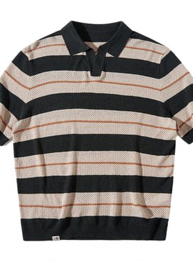 NothommeBLUE蓝岐编织网眼透气复古条纹短袖2025夏季新款POLO衫男