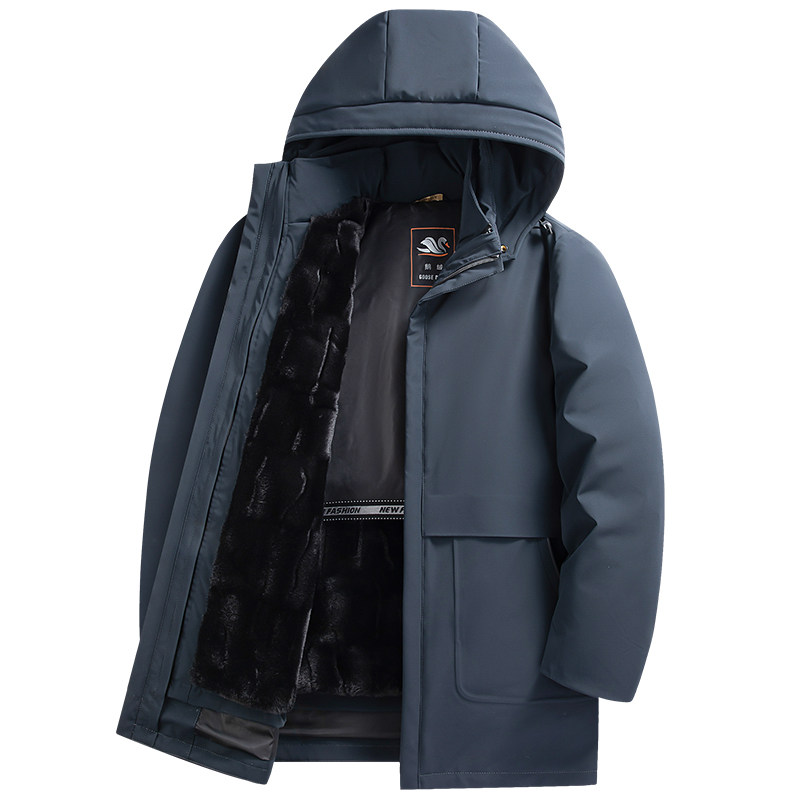 老人头可脱卸帽中长款羽绒服