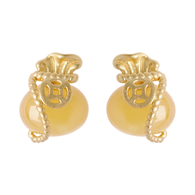 天然蜜蜡福袋耳钉纯银镀金新中式