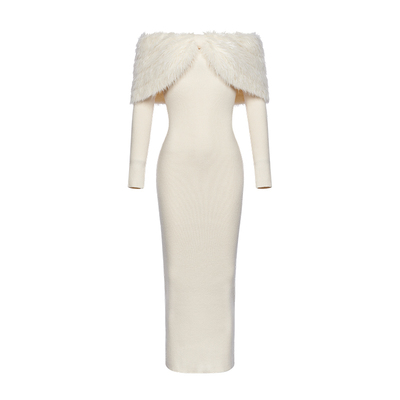 Nonna一字肩仿貂修身针织长裙