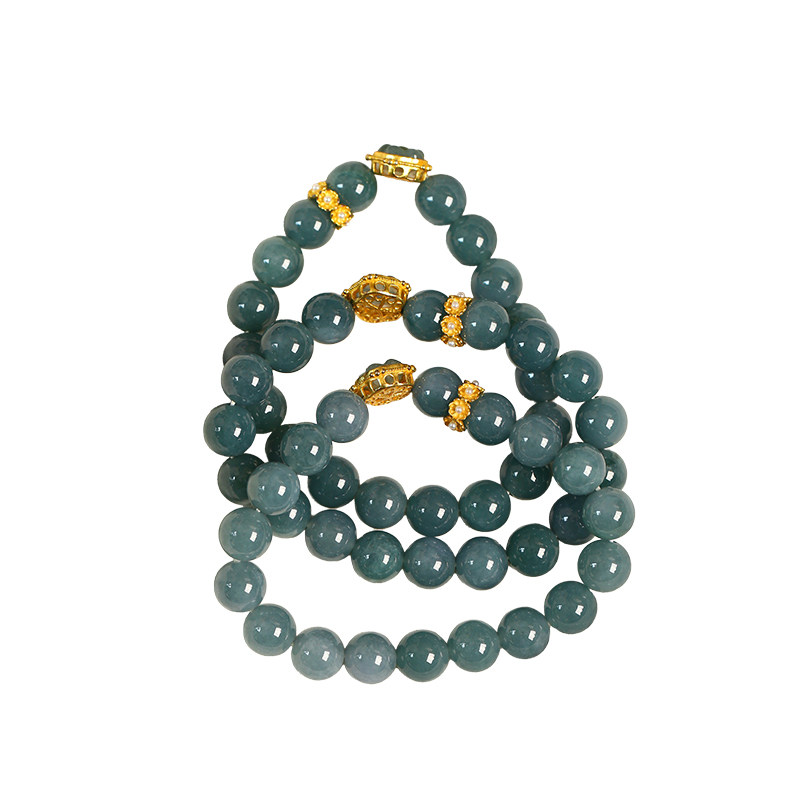 天然A货翡翠危料蓝水圆珠搭配纯银配件款手链 女款翡翠手串饰品