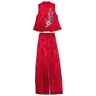 新中式马甲阔腿裤套装典雅贵气民族风刺绣马夹休闲花苞裤两件套女