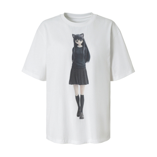 RPB BRAND二次元猫耳少女印花短袖T恤女纯色宽松圆领落肩袖上衣