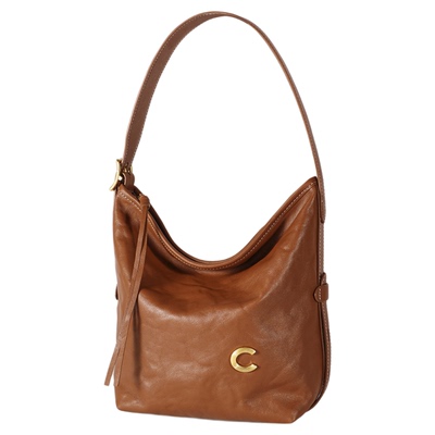 意大利进口牛皮卡思乐女包2026新款植鞣褶皱单肩斜挎包手提水桶包