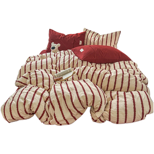 美式摩卡条纹水洗棉四件套2026新款非全棉纯棉被套宿舍床单三件套