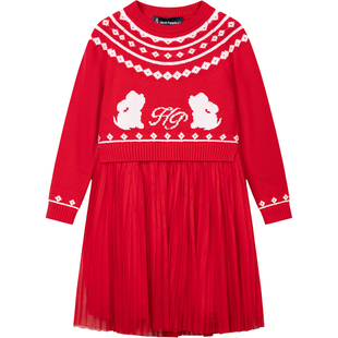 暇步士童装女童连衣裙25秋冬新款小童宝宝喜庆红色网纱裙儿童裙子