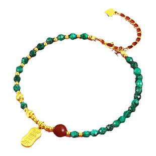 六桂福珠宝S925银孔雀石手链女士手串平安喜乐银牌情人节新年礼物