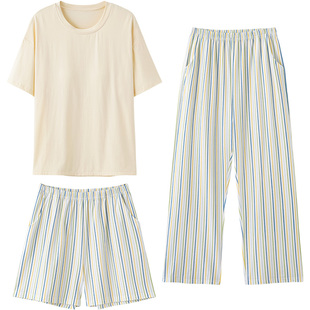 马克公主带胸垫睡衣女夏短袖三件套纯棉休闲条纹短裤可外穿家居服